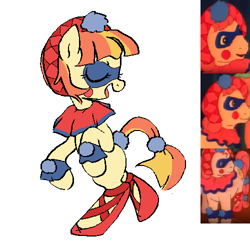 Size: 500x500 | Tagged: safe, artist:myra, moonbeam (g1), oc, oc:aimless, earth pony, horse, pony, g1, my little pony tales, send in the clown, ballet, bipedal, clothes, clown, costume, cream coat, domino mask, equine, eyelashes, eyes closed, female, mask, open mouth, open smile, pixel-crisp art, reference, reference used, screencap reference, simple background, smiling, solo, standing, white background