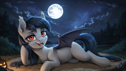 Size: 2560x1440 | Tagged: safe, ai assisted, ai content, artist:dovakkins, oc, oc only, bat pony, pony, bat wings, bedroom eyes, blank flank, cloud, cute, draw me like one of your french girls, fangs, female, forest, full moon, halloween, head on hoof, holiday, jack-o-lantern, looking at you, mare, moon, nature, night, pumpkin, red eyes, seductive, seductive look, slit pupils, smiling, smiling at you, solo, sultry pose, tree, watermark, wings