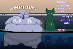 Size: 2800x1877 | Tagged: safe, artist:brushwork, oc, oc only, pony, belly, belt, big belly, blush lines, blushing, commission, duo, gag, huge belly, impossibly large belly, inflation, muffled words, plug, puffy cheeks, size difference, stuck, water, your character here