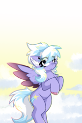 Size: 2000x3000 | Tagged: safe, artist:jubyskylines, cloudchaser, pegasus, pony, g4, cloud, colored wings, colored wingtips, cute, cutechaser, eye clipping through hair, female, high res, looking at you, mare, multicolored wings, sky, smiling, smiling at you, solo, wings