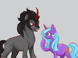 Size: 2160x1620 | Tagged: safe, artist:amanecerlobo, idw, king sombra, radiant hope, pony, umbrum, unicorn, g4, duo, duo male and female, female, gray background, horn, male, mare, pregnant, ship:hopebra, shipping, simple background, stallion, straight