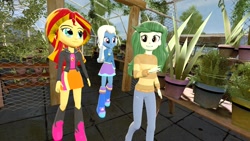 Size: 1920x1080 | Tagged: safe, artist:oatmeal!, sunset shimmer, trixie, wallflower blush, human, equestria girls, g4, 3d, boots, clothes, female, flower pot, garden, gmod, greenhouse, group, high heel boots, hoodie, jacket, looking at each other, looking at someone, looking up, plants, pointing, potted plant, shirt, shoes, skirt, sunset shimmer's skirt, trio, trio female, walking