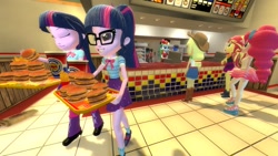 Size: 1920x1080 | Tagged: safe, artist:oatmeal!, applejack, juniper montage, pinkie pie, rainbow dash, sci-twi, sunset shimmer, twilight sparkle, oc, unnamed oc, human, equestria girls, g4, 3d, background human, boots, burger, burgershot, cash register, cashier, clothes, drink, fast food, food, french fries, gmod, grand theft auto, group, gta san andreas, high heel boots, restaurant, self paradox, self ponidox, shirt, shoes, skirt, tray, twilight burgkle, walking