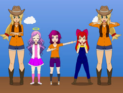 Size: 2000x1500 | Tagged: safe, artist:technopagan9, apple bloom, applejack, rainbow dash, scootaloo, sweetie belle, human, g4, belt, boots, clothes, cowboy boots, cowboy hat, cutie mark crusaders, denim, female, hat, humanized, jeans, kisekae, pants, self paradox, shirt, shoes, shorts, skirt, socks, vest