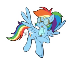 Size: 715x636 | Tagged: safe, artist:czscribbles, rainbow dash, pegasus, pony, friendship is magic #13, g4, alternate hairstyle, aviator goggles, backwards cutie mark, female, flying, food, goggles, hoof hold, ice cream, mare, ponytail, sea salt ice cream, signature, simple background, smiling, solo, spread wings, tongue out, white background, wings