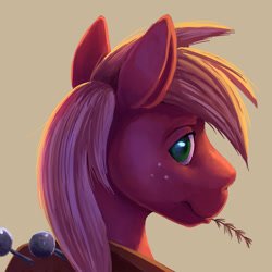 Size: 1200x1200 | Tagged: safe, artist:tsitra360, big macintosh, earth pony, pony, g4, beige background, bust, lidded eyes, looking at you, looking back, looking back at you, male, simple background, smiling, smiling at you, solo, stallion, straw in mouth