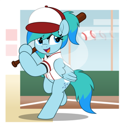 Size: 5000x5000 | Tagged: safe, artist:jhayarr23, oc, oc only, oc:stormy waters, pegasus, pony, semi-anthro, baseball, baseball bat, baseball cap, bipedal, cap, commission, hat, pegasus oc, running, solo, sports, standing, standing on one leg, ych result