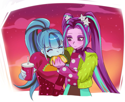 Size: 1073x872 | Tagged: safe, artist:cadence_sniffa, aria blaze, sonata dusk, human, equestria girls, g4, cup, cute, drink, duo, duo female, eating, eyes closed, eyeshadow, feeding, female, food, lesbian, makeup, pigtails, ponytail, ship:arisona, shipping, taco, twintails