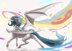 Size: 1280x905 | Tagged: safe, artist:blackfiredeath, oc, oc only, oc:pearly lime, bat pony, pony, vaporeon, abstract background, bat pony oc, blue mane, blue tail, butt, colored eyebrows, cyan mane, cyan tail, female, female oc, gray coat, green eyes, long mane, long tail, looking at you, looking back, looking back at you, mare, mare oc, mouth hold, one wing out, paint, paintbrush, partially open wings, plot, plushie, pokémon, shadow, signature, slit pupils, smiling, solo, tail, underhoof, wings