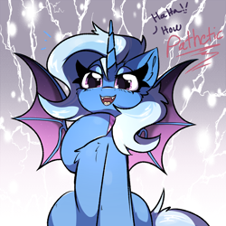 Size: 2000x2000 | Tagged: safe, artist:jubyskylines, trixie, alicorn, bat pony, bat pony alicorn, pony, g4, abstract background, bat ponified, bat wings, chest fluff, colored hooves, colored wings, dialogue, ear fluff, eyelashes, fangs, female, hooves, horn, mare, pathetic, purple hooves, race swap, raised hoof, shiny eyelashes, shiny hooves, solo, spread wings, tail, talking, thick eyelashes, trixiebat, two toned mane, two toned tail, two toned wings, wingding eyes, wings