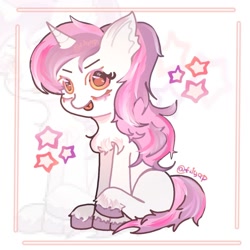 Size: 1280x1280 | Tagged: safe, artist:filyap, oc, oc only, oc:sweetieck dreams, pony, unicorn, g4, border, chest fluff, colored hooves, cute, ear fluff, eyelashes, female, filly, foal, hooves, horn, mare, not sweetie belle, orange eyes, purple hooves, raised leg, signature, sitting, smiling, solo, stars, tail, tongue out, two toned mane, two toned tail, unicorn horn, unshorn fetlocks, zoom layer