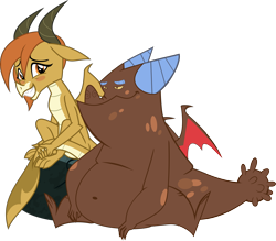 Size: 3780x3306 | Tagged: safe, artist:cheezedoodle96, artist:thesharp0ne, edit, vector edit, clump, ocellus, changedling, changeling, dragon, dragon quest, g4, .svg available, bhm, blushing, crack shipping, cute, diaocelles, disguise, disguised changeling, dragon ocellus, duo, duo male and female, fat, female, high res, larger male, looking at you, male, physique difference, prehensile tail, rock, ship:ocellump, shipping, shy, simple background, sitting, smaller female, smiling, spread wings, straight, tail, tail hold, teenaged dragon, transparent background, vector, wings