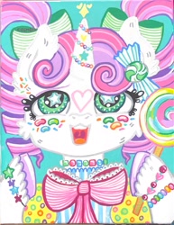 Size: 1788x2316 | Tagged: safe, sweetie belle, unicorn, candy, food, horn, solo, starry eyes, traditional art, wingding eyes