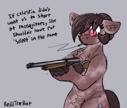 Size: 1571x1340 | Tagged: safe, artist:reddthebat, oc, oc only, oc:number nine, earth pony, pony, bipedal, chest fluff, cigarette, dialogue, eyebrows, eyebrows visible through hair, female, floppy ears, gray background, gun, hoof hold, mare, no pupils, pubic fluff, rifle, signature, simple background, smoking, solo, weapon