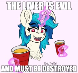 Size: 1435x1336 | Tagged: safe, artist:reddthebat, dj pon-3, vinyl scratch, pony, unicorn, g4, alcohol, beer, bust, chest fluff, cup, eyebrows, eyebrows visible through hair, female, glowing, glowing horn, horn, levitation, lidded eyes, looking at you, magic, mare, missing accessory, no glasses, open mouth, open smile, pink background, red solo cup, signature, simple background, smiling, smiling at you, solo, talking to viewer, telekinesis, text, this will end in alcohol poisoning