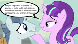 Size: 1280x720 | Tagged: safe, artist:trrrebleee, edit, edited screencap, screencap, party favor, starlight glimmer, g4, the cutie map, caption, chat bubble, duo, duo male and female, female, grin, hoof under chin, lidded eyes, male, mare, meme, nervous sweat, our town, smiling, stallion, text