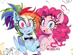 Size: 624x472 | Tagged: safe, artist:l4zy_4le, pinkie pie, rainbow dash, earth pony, pegasus, pony, g4, ahoge, alternate hairstyle, choker, duo, duo female, ear piercing, earring, eye clipping through hair, female, jewelry, looking at you, mare, open mouth, open smile, piercing, shrunken pupils, simple background, smiling, smiling at you, varying degrees of want, white background