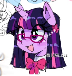Size: 1080x1126 | Tagged: safe, artist:l4zy_4le, twilight sparkle, pony, unicorn, g4, bowtie, bust, cute, eye clipping through hair, female, horn, mare, open mouth, open smile, signature, simple background, smiling, solo, twiabetes, white background