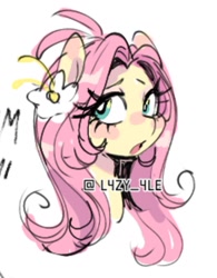 Size: 1080x1383 | Tagged: safe, artist:l4zy_4le, fluttershy, pegasus, pony, g4, bust, eye clipping through hair, female, flower, flower in hair, looking back, mare, open mouth, simple background, solo, white background