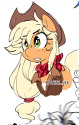 Size: 1080x1707 | Tagged: safe, artist:l4zy_4le, applejack, earth pony, pony, g4, bandana, bust, clothes, eye clipping through hair, eyebrows, eyebrows visible through hair, female, jacket, mare, signature, simple background, solo, white background