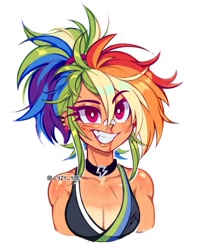 Size: 919x1164 | Tagged: safe, artist:l4zy_4le, rainbow dash, human, g4, bandaid, bandaid on nose, blood, breasts, bust, busty rainbow dash, choker, cleavage, eyebrows, eyebrows visible through hair, grin, humanized, light skin, multicolored hair, nosebleed, rainbow hair, reasonably sized breasts, signature, simple background, smiling, solo, tan lines, white background