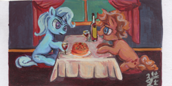 Size: 1868x934 | Tagged: safe, artist:boxwari, trixie, earth pony, pony, unicorn, g4, acrylic painting, bottle, curtains, date, duo, duo female, female, glass, horn, looking at each other, looking at someone, mare, sitting, traditional art, window, wine bottle, wine glass