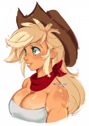 Size: 1036x1460 | Tagged: safe, artist:l4zy_4le, applejack, human, g4, bandana, bare shoulders, big breasts, boob freckles, breasts, bust, busty applejack, chest freckles, female, freckles, grin, humanized, shoulder freckles, signature, simple background, smiling, solo, tan skin, white background
