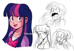 Size: 1475x1019 | Tagged: safe, artist:l4zy_4le, twilight sparkle, human, g4, annoyed, expressions, female, furrowed brow, humanized, light skin, looking at you, open mouth, open smile, signature, simple background, smiling, smiling at you, solo, unfinished art, wavy mouth, white background