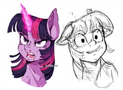 Size: 1703x1248 | Tagged: safe, artist:l4zy_4le, twilight sparkle, pony, unicorn, g4, angry, blood, bloody mouth, bust, female, floppy ears, furrowed brow, horn, mare, nosebleed, open mouth, scratches, simple background, solo, unfinished art, white background, worried, worried smile