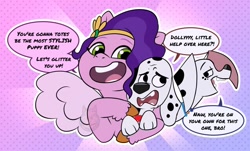 Size: 800x482 | Tagged: safe, artist:themiles, pipp petals, dalmatian, dog, pegasus, pony, g5, my little pony: tell your tale, 101 dalmatian street, 101 dalmatians, crossover, diadem, dolly (101 dalmatian street), dylan (101 dalmatian street), female, gradient background, jewelry, lavender background, mare, open mouth, regalia, text, unshorn fetlocks