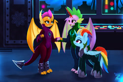 Size: 2400x1600 | Tagged: safe, artist:darksly, rainbow dash, smolder, spike, dragon, pegasus, pony, comic:the storm kingdom, g4, my little pony: the movie, age difference, alternate hairstyle, alternate universe, bad end, beefspike, blushing, bodysuit, clothes, crystal of light, cute, female, male, mare, older, older spike, ship:rainbowspike, ship:spolder, shipping, smolderbetes, storm king's emblem, straight, teenage spike, teenaged dragon, teenager, the bad guy wins, the storm six, trio, uniform