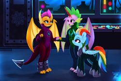 Size: 2400x1600 | Tagged: safe, artist:darksly, rainbow dash, smolder, spike, dragon, pegasus, pony, comic:the storm kingdom, g4, my little pony: the movie, age difference, alternate hairstyle, alternate universe, bad end, beefspike, blushing, bodysuit, clothes, crystal of light, cute, female, male, mare, older, older spike, ship:rainbowspike, ship:spolder, shipping, smolderbetes, storm king's emblem, straight, teenage spike, teenaged dragon, teenager, the bad guy wins, the storm 6, the storm six, trio, uniform