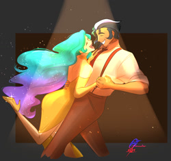 Size: 1700x1600 | Tagged: safe, artist:btanimator, king sombra, princess celestia, human, g4, bare back, boyfriend and girlfriend, clothes, dancing, dress, duo, duo male and female, ear piercing, earring, ethereal hair, ethereal mane, evening gloves, eyes closed, female, gloves, high heels, holding hands, humanized, jewelry, laughing, lipstick, long gloves, looking at each other, looking at someone, male, necktie, open mouth, pants, piercing, raised leg, ship:celestibra, shipping, shirt, shoes, smiling, smiling at each other, sparkles, spotlight, straight, suspenders, sweet dreams fuel