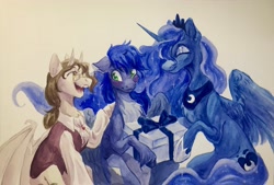 Size: 3575x2421 | Tagged: safe, artist:owlclare, princess luna, oc, oc:draconis taaldis, oc:star reader, alicorn, pegasus, pony, g4, birthday, blushing, chest fluff, clothes, countershading, present, shirt, traditional art, trio, unshorn fetlocks