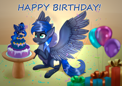 Size: 2866x2014 | Tagged: safe, artist:twilightwolf91, princess luna, oc, oc only, oc:star reader, pegasus, pony, g4, balloon, birthday, birthday cake, birthday present, cake, colored hooves, countershading, food, hooves, layering error, lightly watermarked, male, not luna, pale belly, present, sitting, solo, spread wings, stallion, table, unshorn fetlocks, watermark, wings