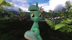 Size: 1920x1080 | Tagged: safe, artist:ports2005, lyra heartstrings, pony, g4, 3d, bridge, bush, cloud, female, flower, flower in hair, gmod, happy, hill, river, scenery, sitting, sky, solo, tree, water