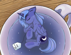 Size: 2808x2160 | Tagged: safe, artist:yumir, princess luna, alicorn, pony, g4, commission, commissioner:shaddar, cup, cup of pony, cute, eyes closed, food, lunabetes, micro, sleeping, solo, table, tea, teacup, tiny, tiny ponies, young luna