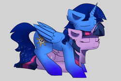 Size: 6000x4000 | Tagged: safe, twilight sparkle, oc, oc:blue thunder, alicorn, g4, canon x oc, cuddling, duo, duo male and female, female, gray background, male, shipping, simple background, straight, thundersparkle, twilight sparkle (alicorn)