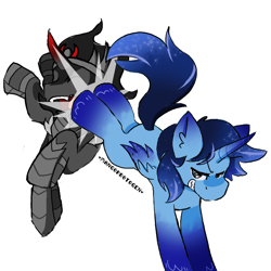 Size: 808x808 | Tagged: safe, artist:mangoprotogen, king sombra, oc, oc:blue thunder, alicorn, unicorn, g4, duo, duo male, fight, horn, kicking, male, simple background, sombrabuse, white background