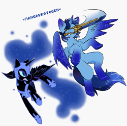 Size: 843x833 | Tagged: safe, artist:mangoprotogen, nightmare moon, oc, oc:blue thunder, alicorn, g4, duo, duo male and female, female, fight, male, sword, weapon