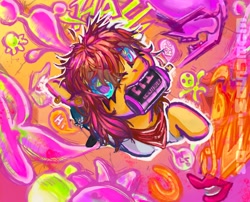 Size: 2048x1652 | Tagged: safe, artist:eversowillow, oc, oc only, earth pony, pony, clothes, commission, ear piercing, earring, graffiti, jewelry, looking at you, looking up, looking up at you, mouth hold, neckerchief, piercing, solo, spray can, spray paint, trippy