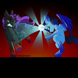 Size: 845x844 | Tagged: safe, artist:mangoprotogen, oc, oc only, oc:blue thunder, alicorn, blast, duo, evil, light