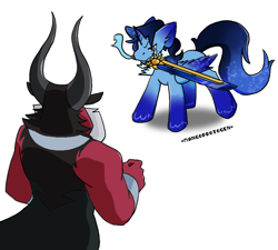 Size: 780x703 | Tagged: source needed, safe, artist:mangoprotogen, lord tirek, oc, oc:blue thunder, alicorn, g4, duo, duo male, fight, male, simple background, sword, weapon, white background