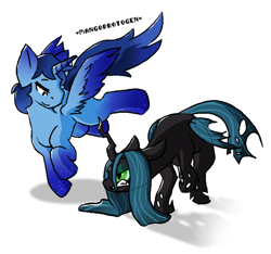 Size: 808x755 | Tagged: safe, artist:mangoprotogen, queen chrysalis, oc, oc:blue thunder, alicorn, g4, duo, duo male and female, female, fight, male, simple background, white background