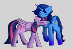 Size: 6000x4000 | Tagged: artist needed, source needed, safe, twilight sparkle, oc, oc:blue thunder, alicorn, g4, canon x oc, cuddling, duo, duo male and female, female, gray background, love, male, nuzzling, shipping, simple background, straight, thundersparkle, twilight sparkle (alicorn)