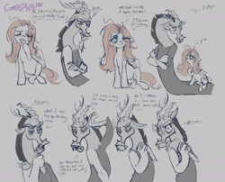 Size: 2048x1652 | Tagged: safe, artist:eversowillow, discord, fluttershy, draconequus, pegasus, pony, comic:midnight confession, g4, dialogue, duo, duo male and female, eye clipping through hair, female, male, mare, ship:discoshy, shipping, speech bubble, straight, tired, yawn