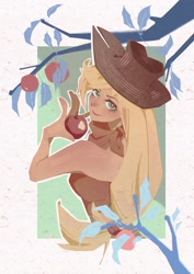 Size: 2480x3508 | Tagged: safe, artist:jinyikou, applejack, human, g4, apple, apple tree, food, humanized, looking at you, looking back, looking back at you, passepartout, solo, tree