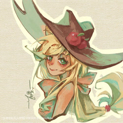 Size: 750x750 | Tagged: source needed, safe, artist:jinyikou, applejack, human, g4, applejack's hat, bandana, big hat, bust, cowboy hat, eyelashes, freckles, giant hat, green eyes, hat, humanized, impossibly large hat, lidded eyes, light skin, natural hair color, neckerchief, outline, ponytail, signature, smiling, solo, stetson, tied hair