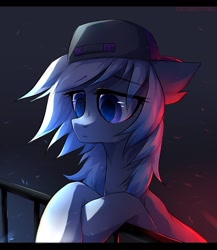 Size: 1102x1269 | Tagged: source needed, safe, artist:dethscript, oc, oc only, earth pony, backwards ballcap, baseball cap, big eyes, blue coat, blue mane, blue pupils, cap, colored pupils, ear fluff, earth pony oc, eye clipping through hair, eyebrows, eyebrows visible through hair, eyelashes, frown, glowing, gradient legs, hat, leaning on railings, lidded eyes, long mane, male, night, outdoors, purple eyes, railing, raised hooves, shaggy mane, shiny eyes, solo, stallion