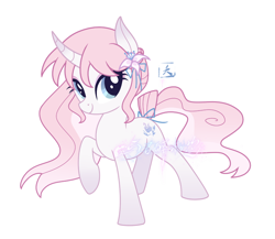 Size: 750x651 | Tagged: safe, artist:annexianyu, oc, oc only, pony, unicorn, blue eyes, bow, curved horn, eyelashes, eyeshadow, female, female oc, flower, flower in hair, flowing mane, flowing tail, fringe, gradient ears, gradient horn, gradient legs, gradient mane, gradient tail, hair accessory, hair bow, horn, long mane, long tail, looking back, makeup, mane accessory, mare, mare oc, pink eyeshadow, pink mane, pink tail, raised hoof, show accurate, signature, simple background, smiling, solo, standing, standing on three hooves, tail, tail accessory, tail bow, tied tail, two toned mane, two toned tail, unicorn horn, unicorn oc, wall of tags, watermark, wavy mane, wavy tail, white background, white coat